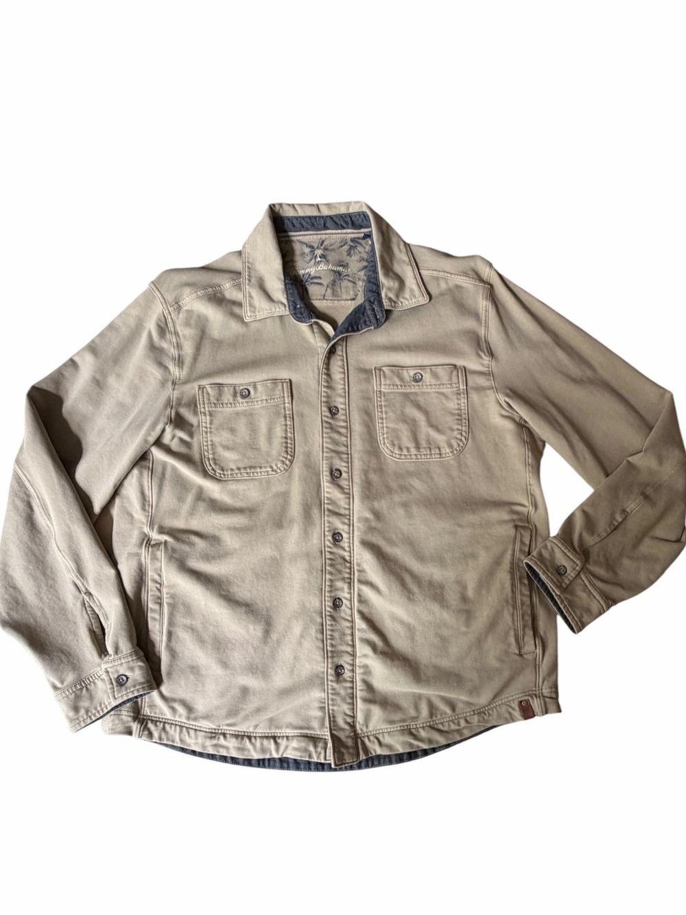 Tommy Bahama Tan Shacket Button Front Jacket with Denim Twill Trim, Medium